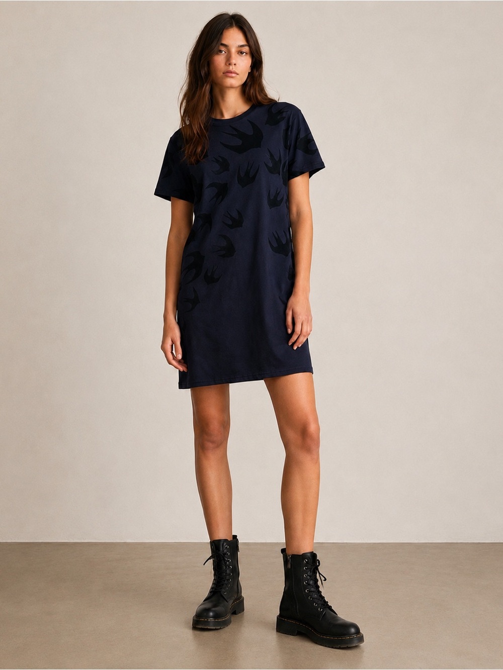 McQ Alexander McQueen Iconic Swallow Flocked Velvet T-Shirt Dress Navy Black S